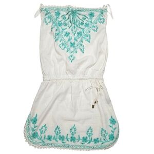 Cynthia Rowley White Teal Strapless Embroidered Gold Sequin Cover-up Dress XS